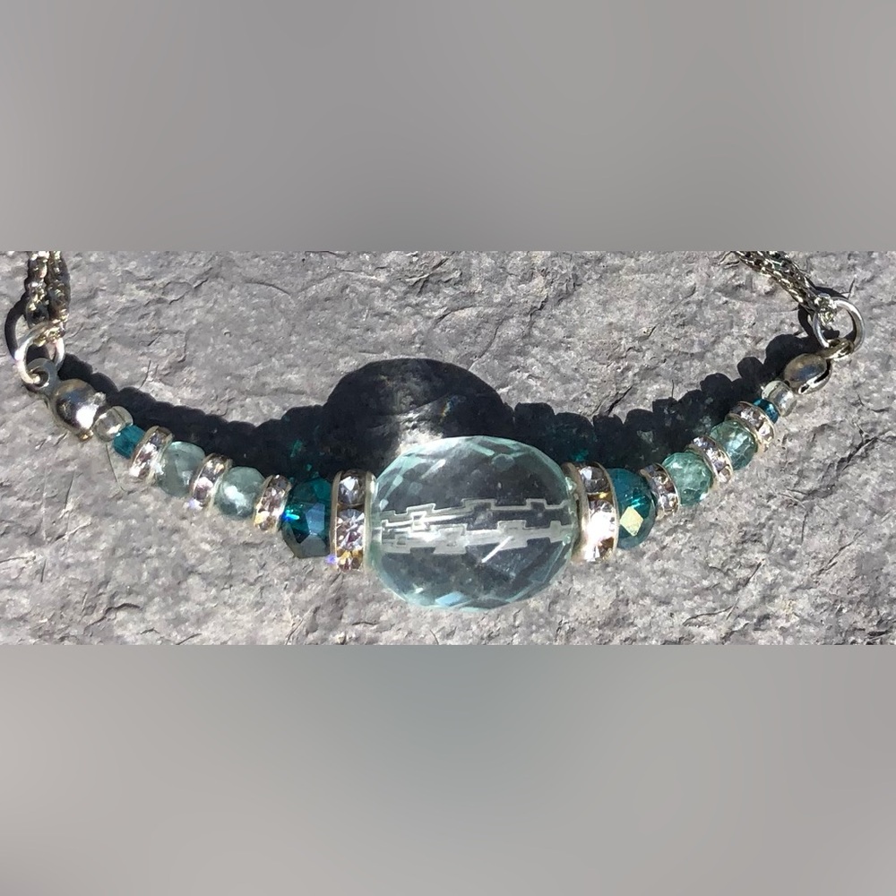 HAND CRAFTED necklace earring gift set Blue Silver upcycled clear glass beads - Picture 4 of 14